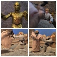 Threepio is startled and backs away, right off the side if the cliff. The towering creature brings down his curved, double-pointed gaderffii -- the dreaded axe blade that has struck terror in the heart of the local settlers. But Luke manages to block the blow with his laser rifle, which is
smashed to pieces. The Tuskin Raider hits Luke in the chest, sending him backwards to the ground. #starwars #anhwt #starwarstoycrew #jbscrew #blackdeathcrew #starwarstoypix #starwarstoyfigs #toyshelf  